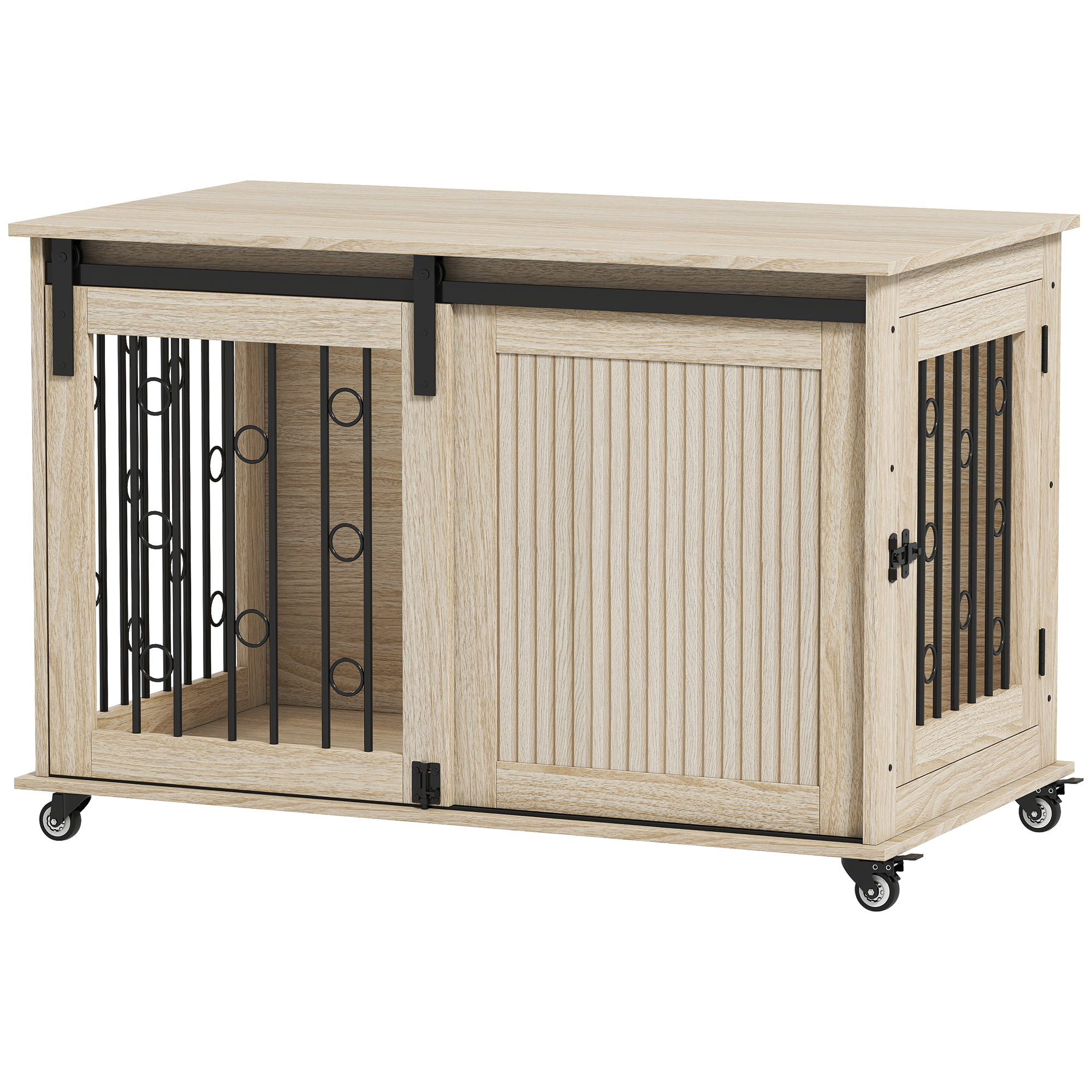 PawHut Hundekäfig 100 cm Hundebox für Zuhause mit Rollen, Schiebetür, Seitentür Abschließbare Hundehütte für Mittelgroße, Große Hunde, Eiche