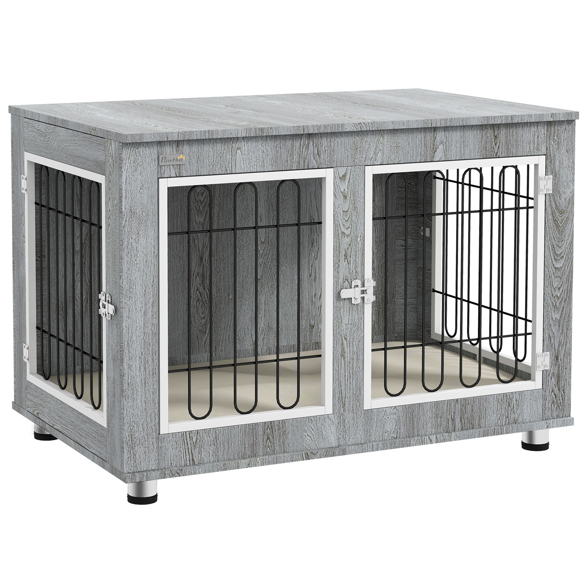 PawHut Hundekäfig, Hundehütte, Haustierkäfig mit Kissen, 2 Verriegelungen für Mittelegroße Hunde, Hundebox mit Doppeltüren, Hundehaus, Grau, 90 x 58 x 65 cm