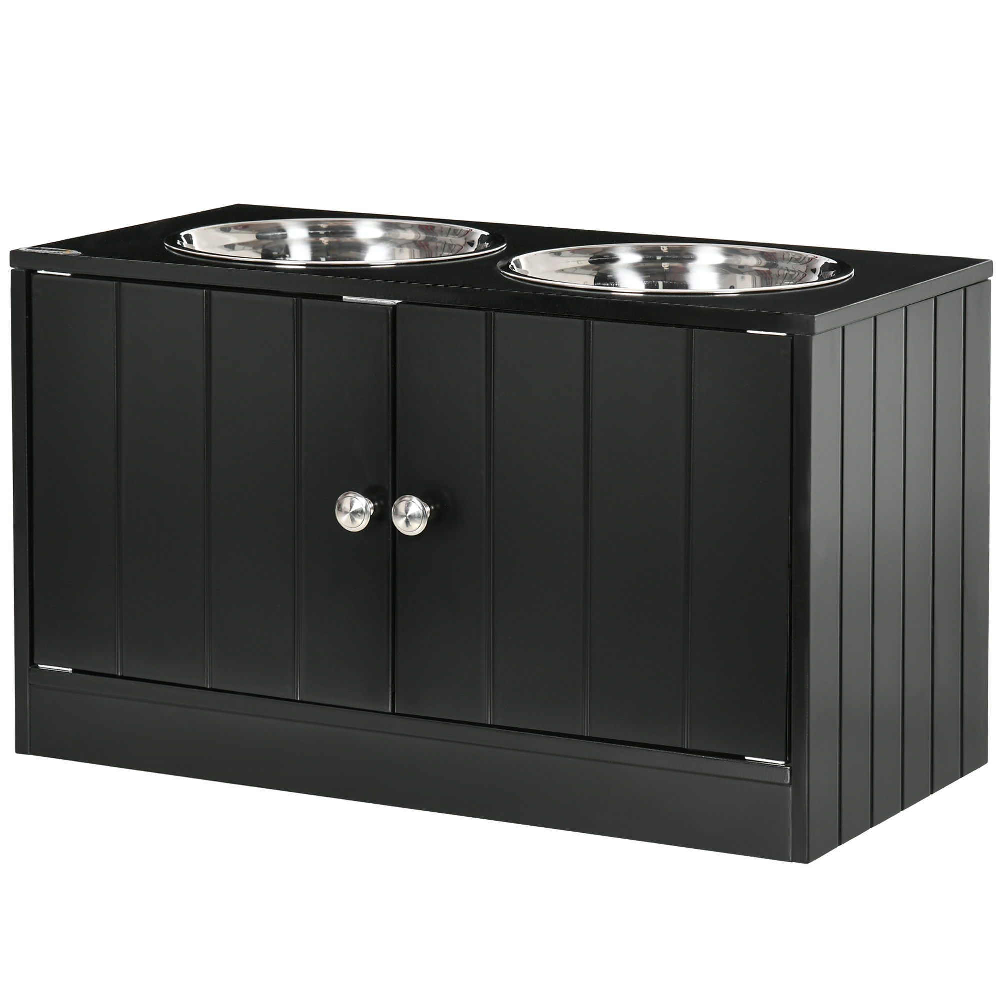 PawHut Hundenäpfe, Erhöhte Futterstation mit 2 Edelstahlschüsseln, Hundenapfständer mit 44L Stauraum, Magnettüren, Futternapf, Wassernapf für große Hunde, Schwarz