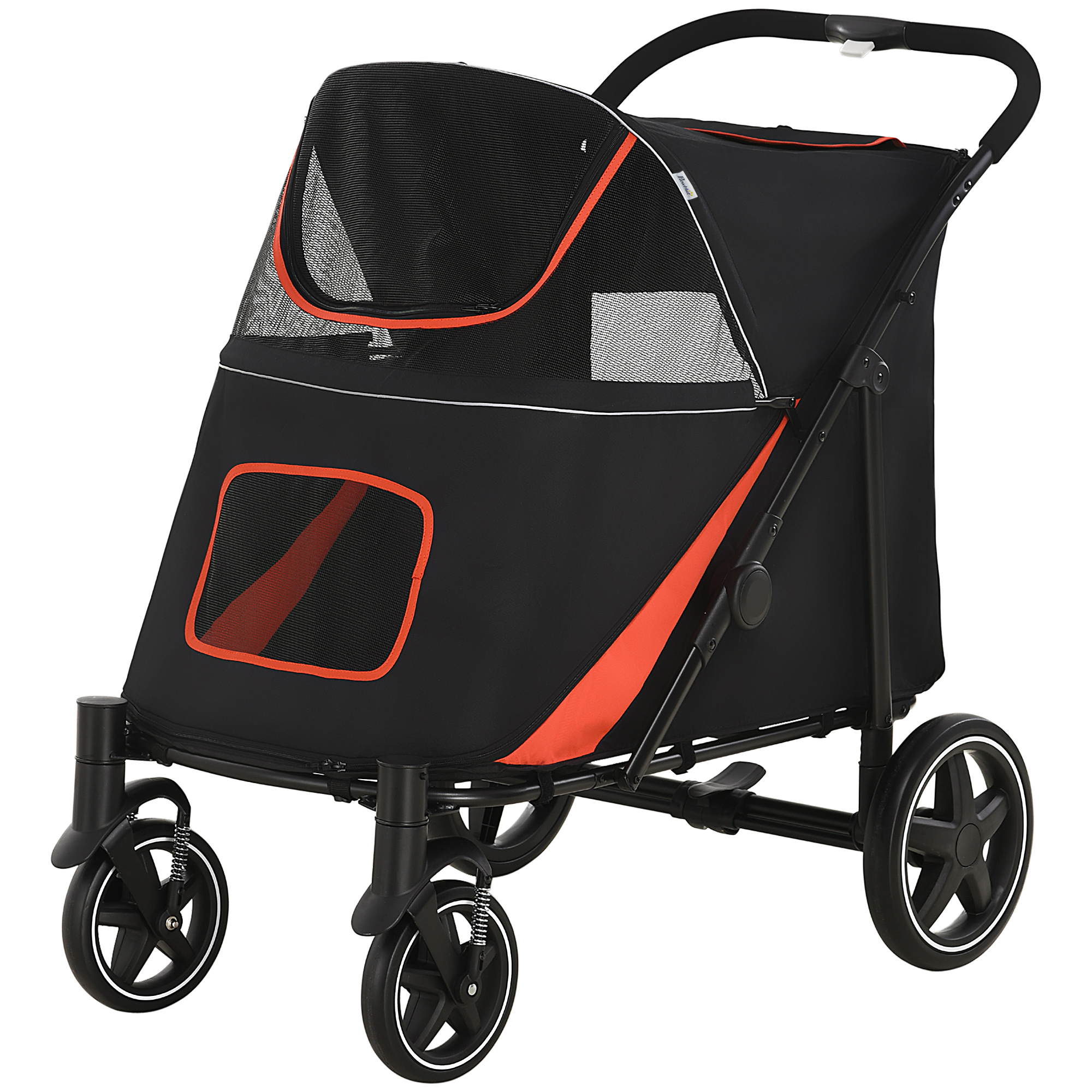 PawHut Hundewagen für große und mittelgroße Hunde Klappbarer 4-Rad-Wagen mit Reißverschlüssen und Netzfenstern, Wagen für Haustiere aus Stahl und Oxford, 112x65x100 cm, Schwarz