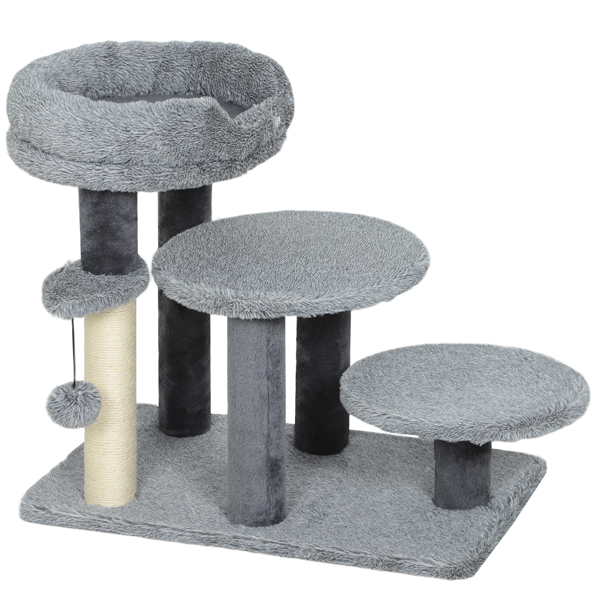 PawHut Katzentreppe 3-stufige Haustiertreppe mit Bett Ball Hundetreppe Tiertreppe für Katzen bis 5 kg Plüsch Grau 60 x 40 x 56 cm
