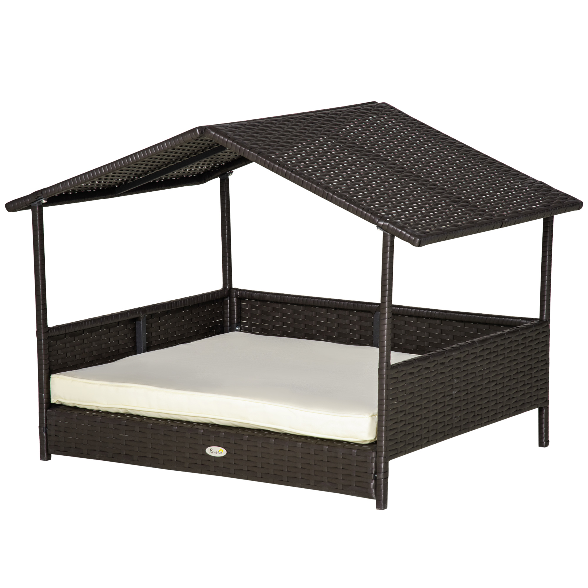 PawHut Rattan Hundehaus mit Kissen 98 x 69 x 73 cm Hundebett im Hausformat Outdoor Hundehütte aus Stahlrahmen PP Kaffee-Braun .de