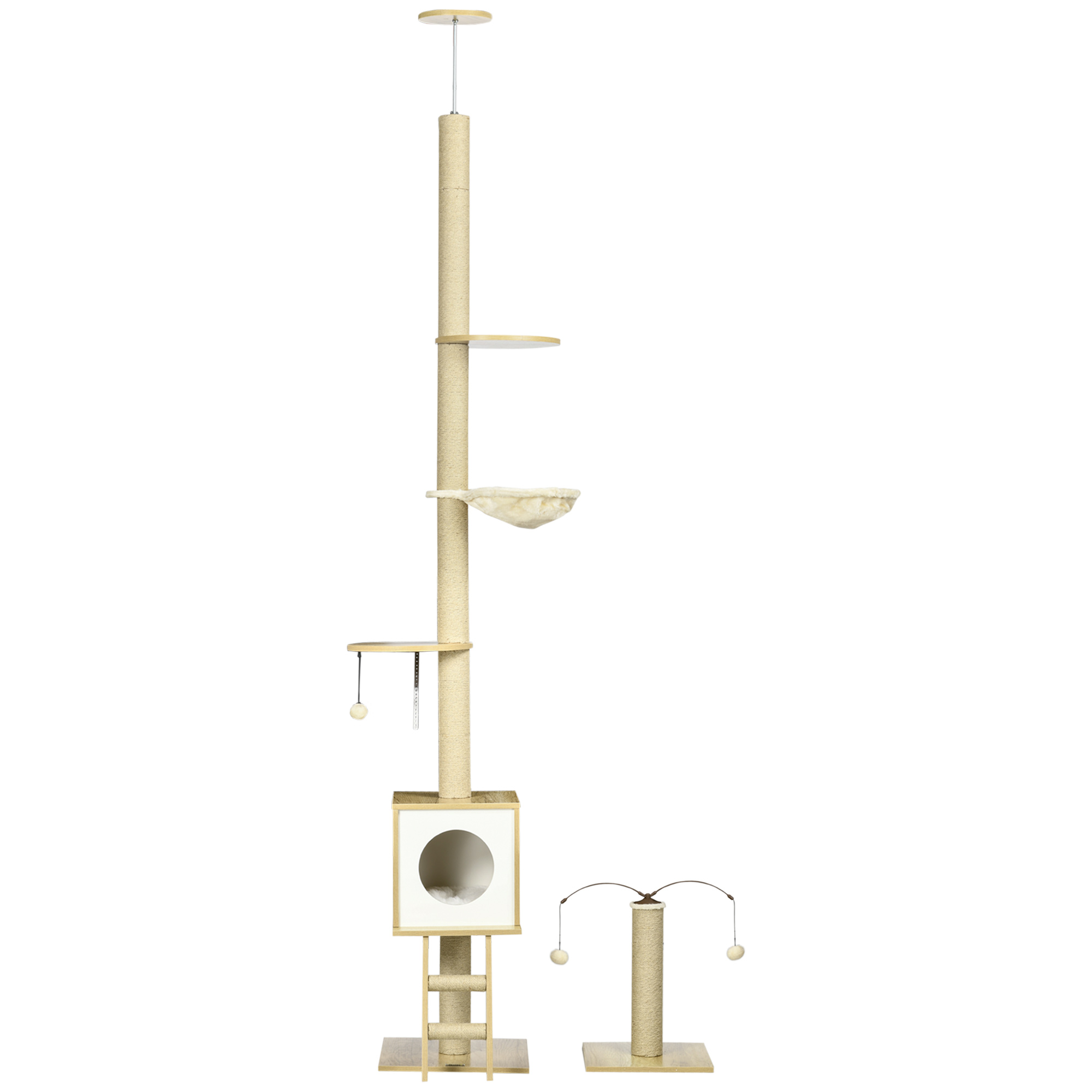 PawHut Set aus 2 Boden-Decke-Kratzbäumen mit höhenverstellbarer 225-285 cm 4 Ebenen - Höhle, Hängematte, Leiter, Spielzeug - Beige